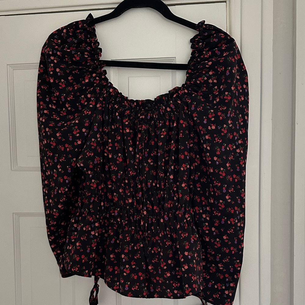 Topshop Black Floral Smocked Peasant Blouse with Red Pink Blooms